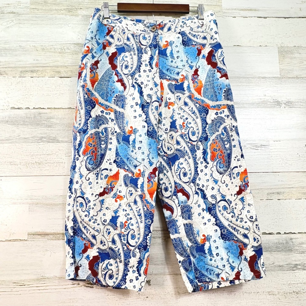 Chicos 100% Linen Paisley Print Cropped Wide Leg Pants Blue Orange Size 1.5 L